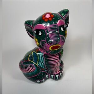 Hand-Painted Tonala Pink & green terracotta Cat Figurine Mexican folk art bank